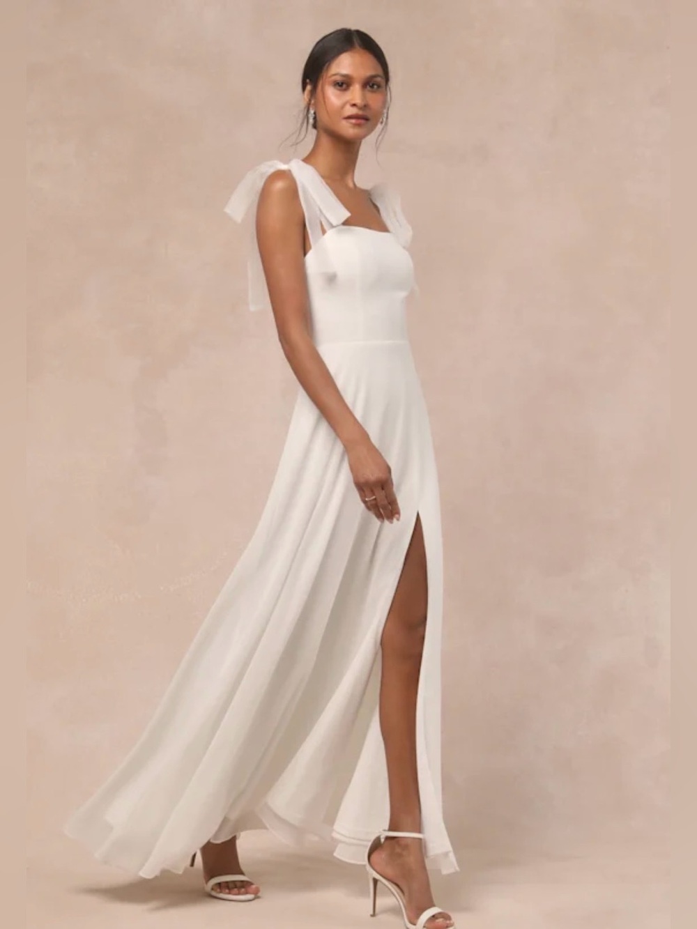 Lulu's Ivory Tie-Shoulder Maxi Dress with High Slit